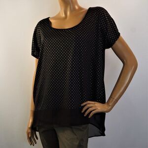 Studio Y Womens Top Swiss Dot Black Silver Contrasting Hem Size XL Blouse